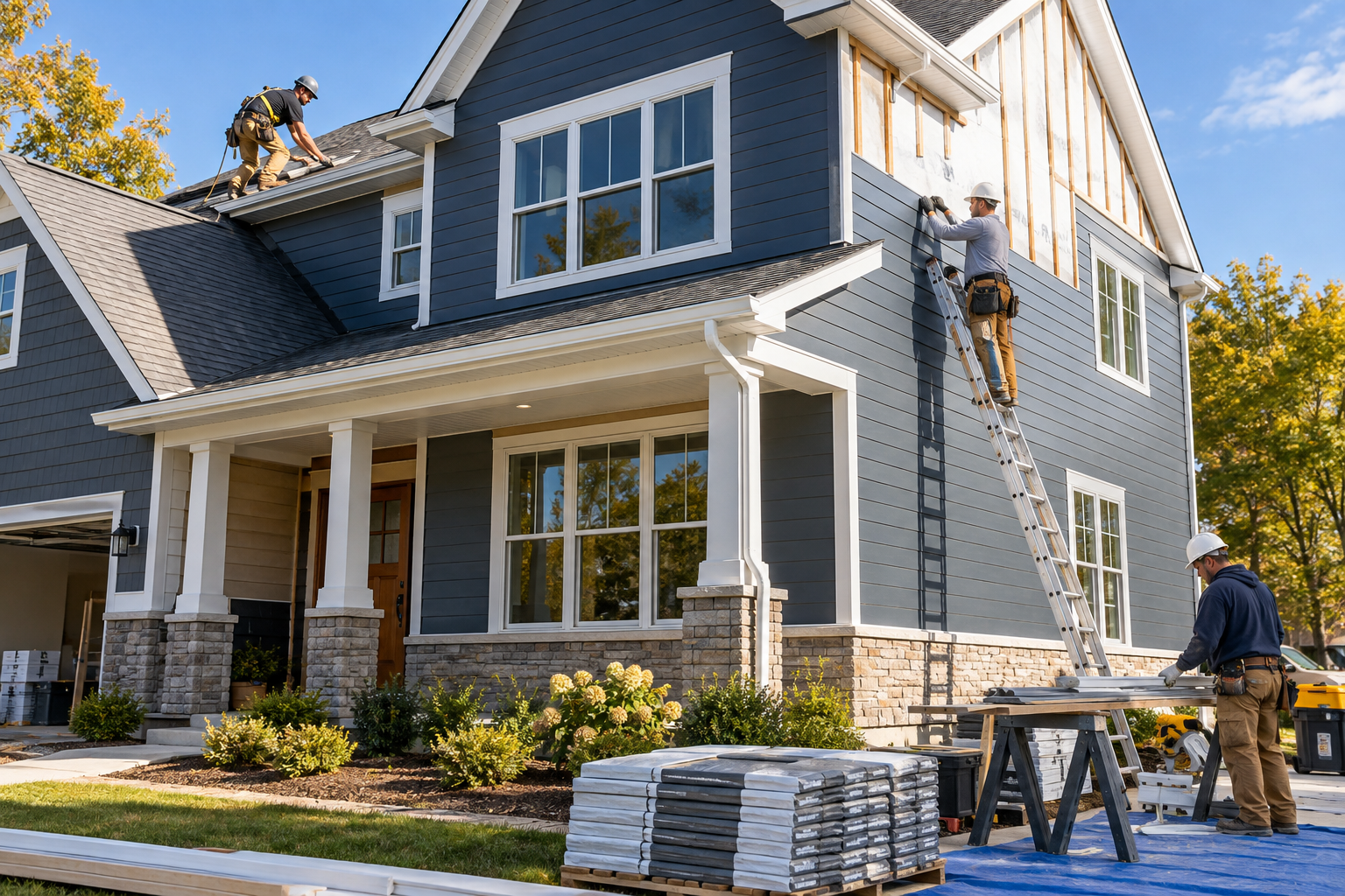 Contractors working on roofing and siding improvements