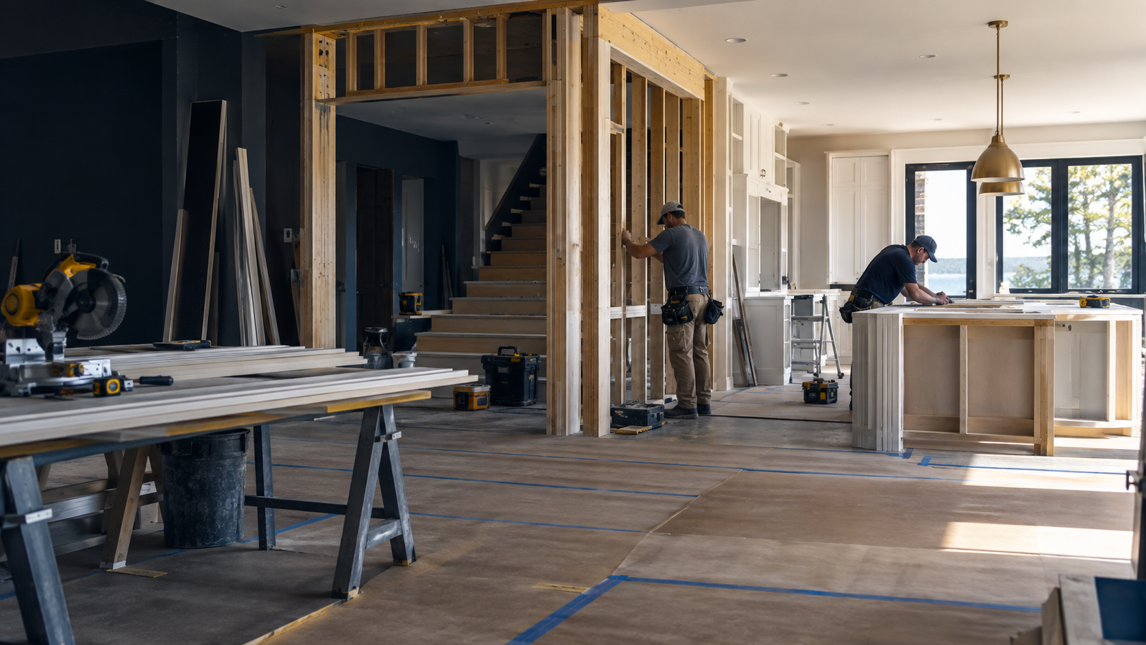 Interior home renovation with tools and materials ready for construction