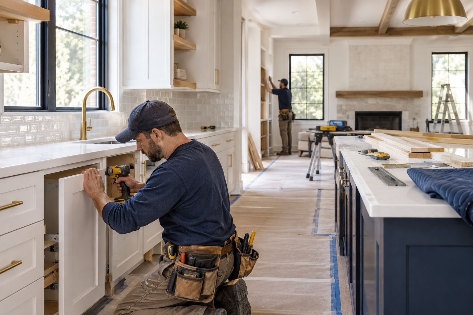 Contractor installing cabinetry during a kitchen renovation